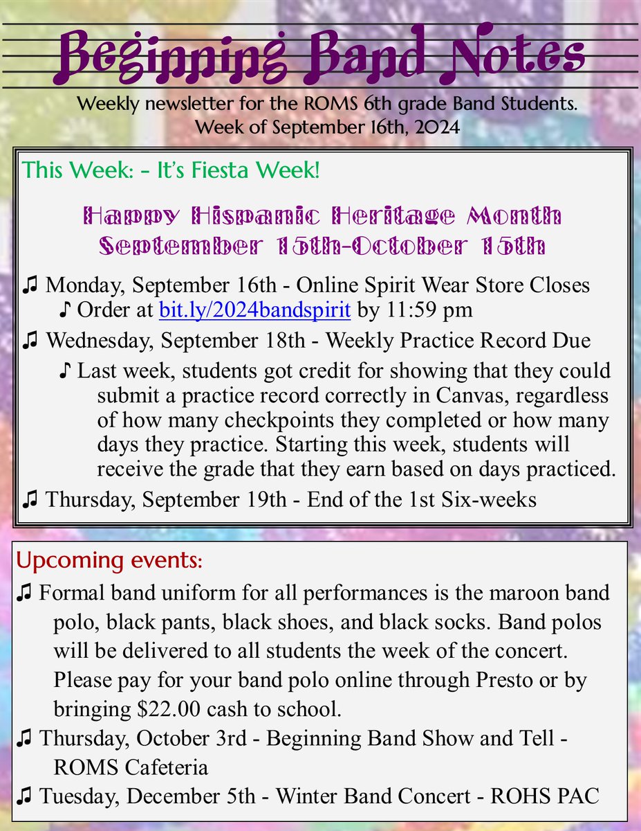 RedOakMSBand's tweet photo. See below for this week's newsletter. It's the end of the six-weeks and the end of our fundraiser, but it's just the beginning of Hispanic Heritage Month and many upcoming performances. https://t.co/Kq232h31WS