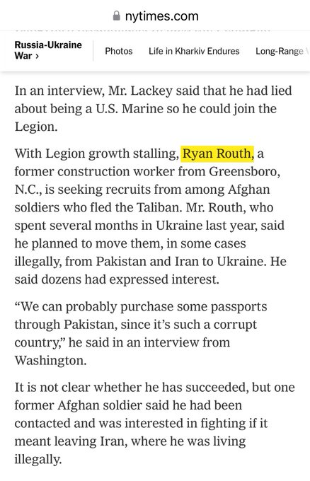 ULTRA_MAJESTY's tweet photo. @LauraLoomer @BlackRock The New York Times wrote a profile on Ryan W. Routh back in 2023. https://t.co/LMstSVz0h2