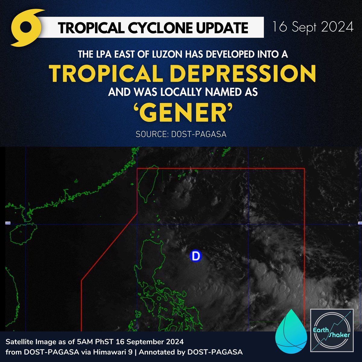 earthshakerph's tweet image. ❗️🌀 UPDATE: Ang Low Pressure Area (09d) ay nabuo bilang Tropical Depression at pinangalanan sa local name na &quot;GENER&quot; (#GenerPH) kaninang 5:00 AM, ayon sa PAGASA.

Maglalabas ang ahensya ngayong 8:00 AM ng unang Tropical Cyclone Bulletin (TCB).