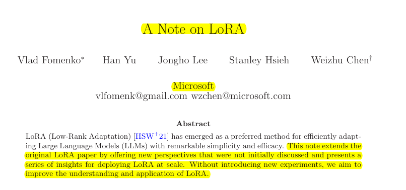 🗞️ Paper - "A Note on LoRA" from Microsoft

For deploying LoRA at scale.

📌 Describe one approach to enable serving multiple LoRA models at once, which can support requests pointing to multiple LoRA models, without swapping the LoRA weights, while maintaining latency comparable