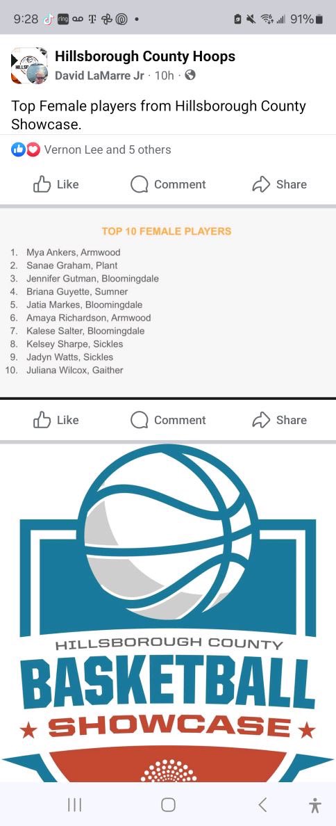 Mya Ankers
Number 1 Female player from Hillsborough County Showcase | Mya Ankers, Armwood High school!Thank everyone for the opportunity!🏀 <a href="/dz_sports/">DZ Sports</a> <a href="/TBBCoaches/">Tampa Bay Basketball Coaches Association</a> @RHiggins_TBSC 
<a href="/ArmwoodLady/">Armwood Lady Hawks</a>