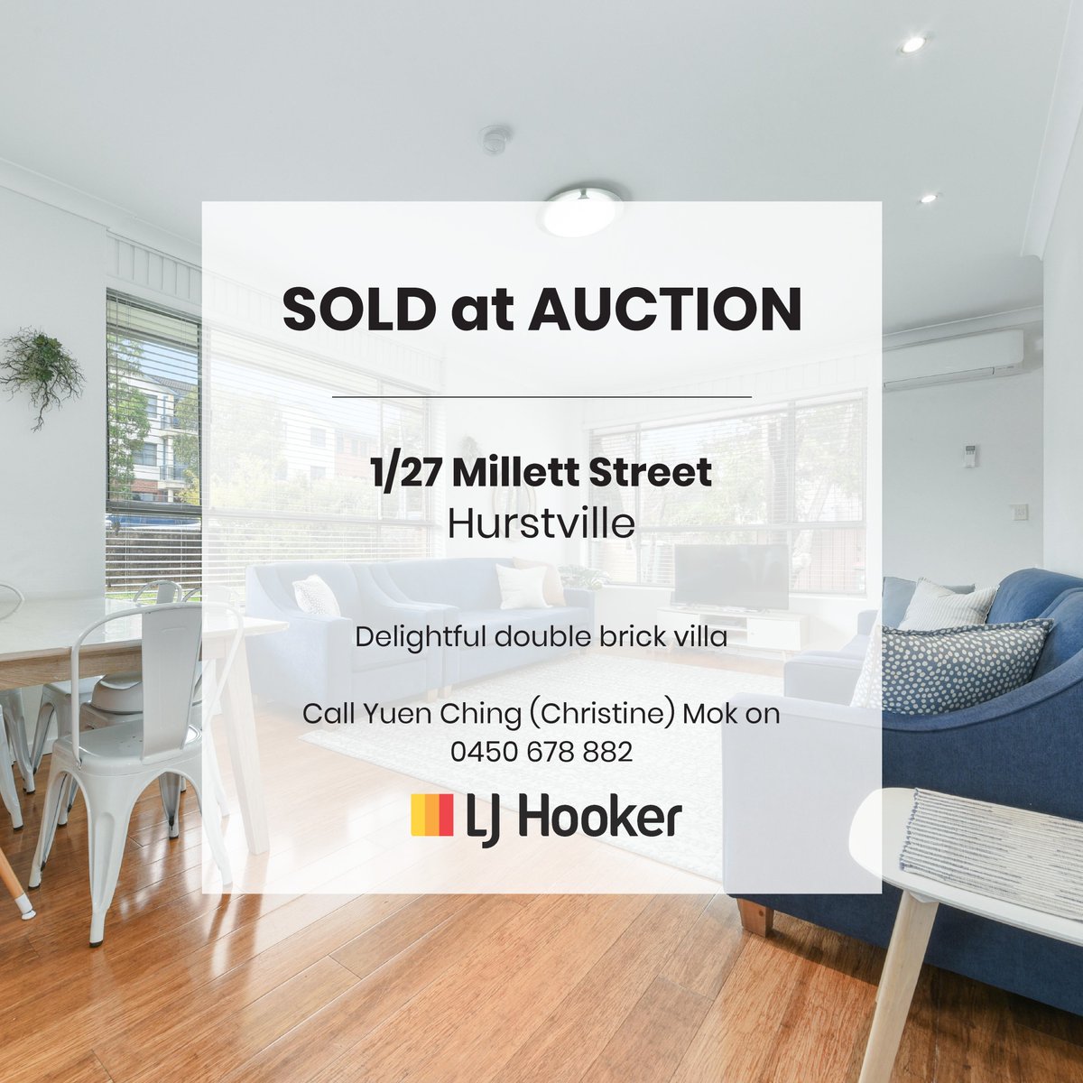 Successful auction for this delightfully renovated 2 bedroom villa
Call Yuen Ching (Christine) Mok on 0450 678 882
LJ Hooker Hurstville

#LJHooker #LJHookerHurstville #BeBetterDoBetter #LouieJovcevski #YuenChingMok #GengisKokden #LingfengZhou #TravisJovcevski #soldatauction