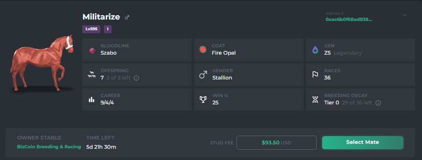 BizCoin01's tweet image. Militarize now in Stud for the Upcoming Maiden! zed.run/racehorse/6103…
#zedrun #breeding @zed_run