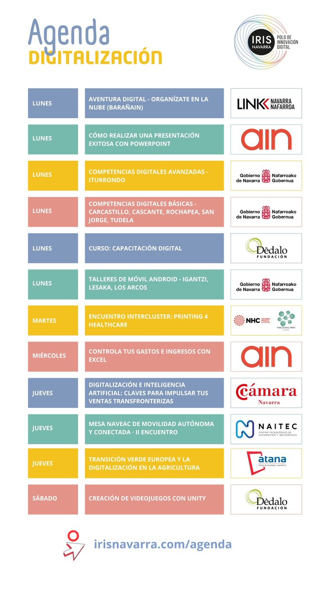 IRIS Navarra, Polo de Innovación Digital (@iris_navarra) on Twitter photo 📢 ¡Prepara tu semana digital! Descubre quién está formando en #digitalización y en qué áreas a empresas y sociedad. Visita la agenda de #IRISNavarra ⬇️
🗓️ irisnavarra.com/agenda
<a href="/gob_na/">Gobierno de Navarra</a>
<a href="/AIN_Navarra/">AIN Navarra</a>
<a href="/FundacionDedalo/">Fundación Dédalo</a>
<a href="/ClusterFPrint/">Functional Print Cluster</a>
<a href="/camaranavarra/">Cámara Navarra</a>
<a href="/NAITEC_CT/">NAITEC Centro Tecnológico</a>
<a href="/Atana_TIC/">ATANA, Clúster de Tecnología y Consultoría</a> 📢 ¡Prepara tu semana digital! Descubre quién está formando en #digitalización y en qué áreas a empresas y sociedad. Visita la agenda de #IRISNavarra ⬇️
🗓️ irisnavarra.com/agenda
<a href="/gob_na/">Gobierno de Navarra</a>
<a href="/AIN_Navarra/">AIN Navarra</a>
<a href="/FundacionDedalo/">Fundación Dédalo</a>
<a href="/ClusterFPrint/">Functional Print Cluster</a>
<a href="/camaranavarra/">Cámara Navarra</a>
<a href="/NAITEC_CT/">NAITEC Centro Tecnológico</a>
<a href="/Atana_TIC/">ATANA, Clúster de Tecnología y Consultoría</a>