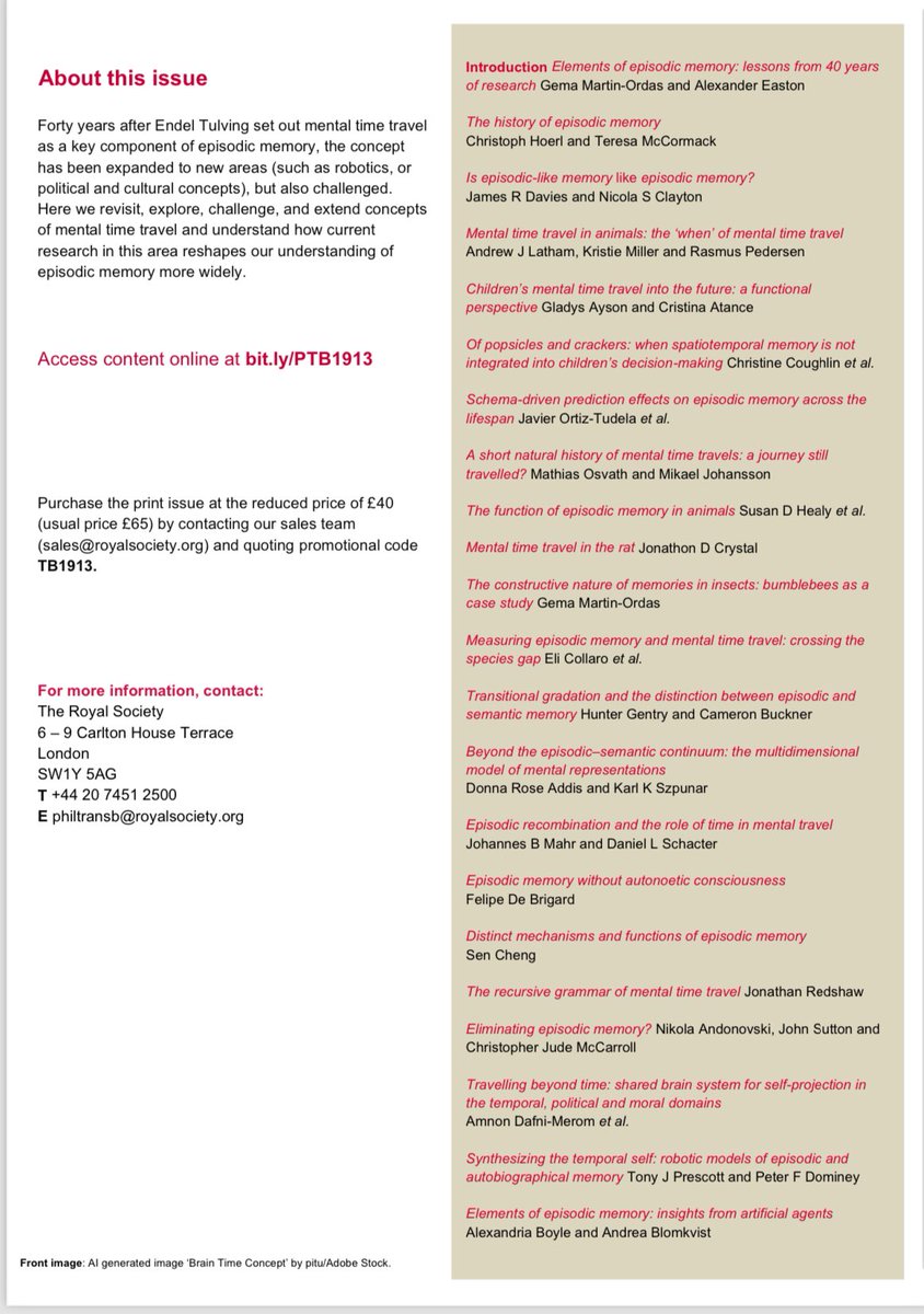 Excited that our special issue of <a href="/RSocPublishing/">Royal Society Publishing</a> PhilTransB is now out online. What an incredible group of authors with a fascinating set of papers reviewing, exploring, extending and challenging our concepts around mental time travel. royalsocietypublishing.org/toc/rstb/2024/…