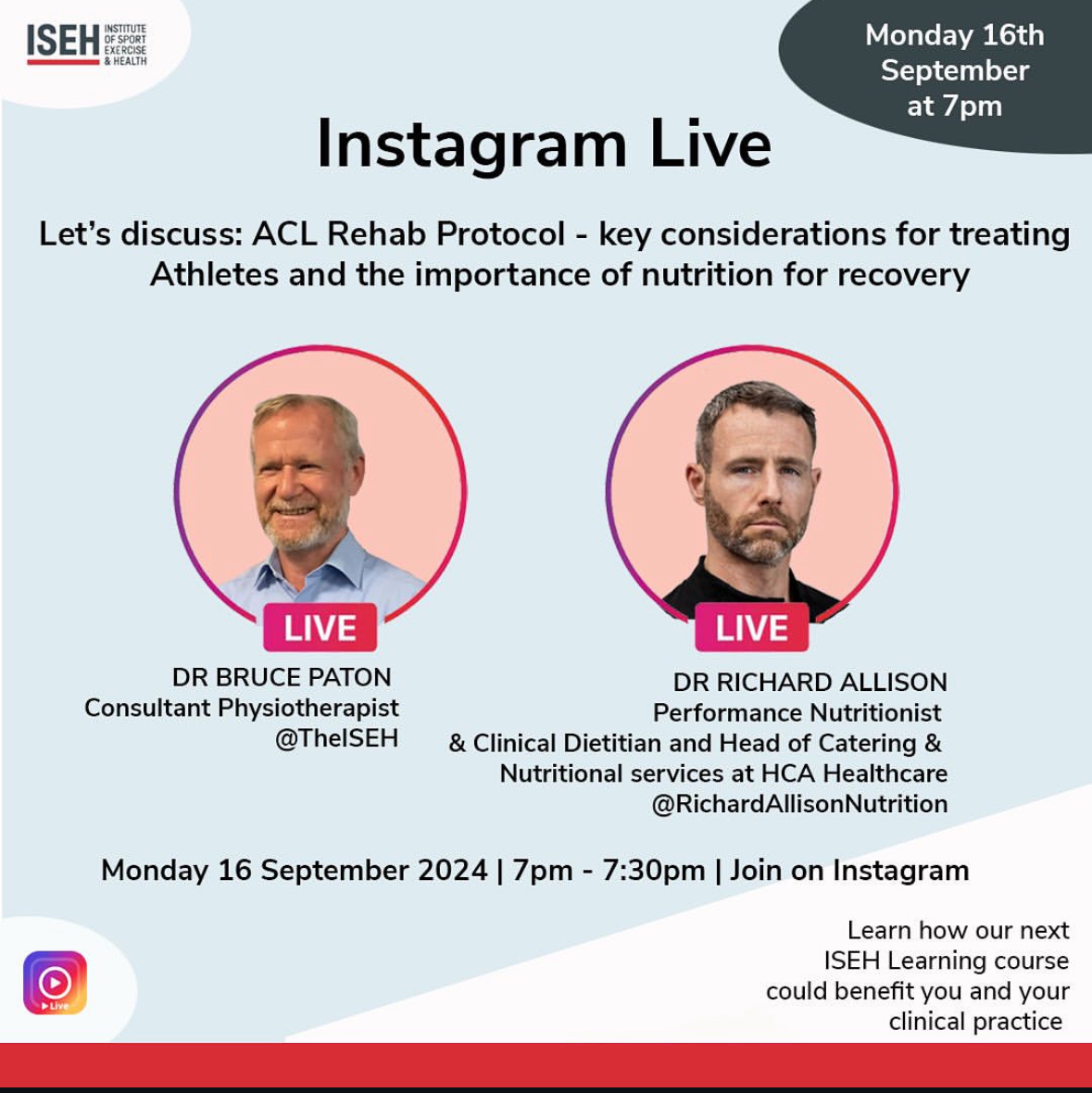 Dr Bruce Paton and I will be coming together for a Q&amp;A session today, Monday, 16th September at 7 pm (BST) on Instagram, for a detailed discussion focused on the ACL Rehab Protocol.

Watch the Q&amp;A session on Instagram; this will be shown on both the ISEH and the
