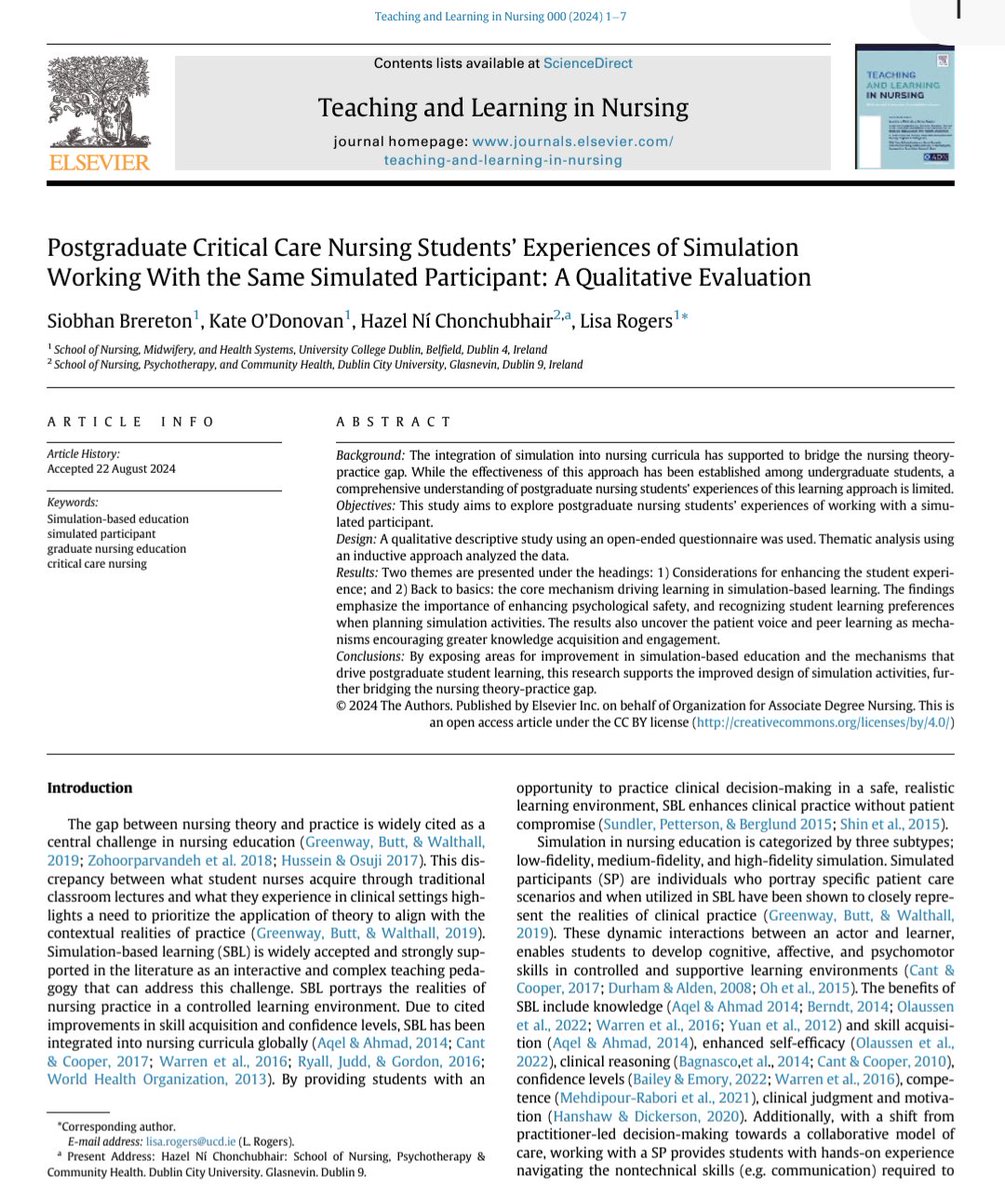 Lisa Rogers (@lisarogers93) on Twitter photo 🚨Publication alert 🚨 Delighted to share our new <a href="/ucdsnmhs/">UCD School of Nursing, Midwifery & Health Systems</a> #qualitative #simulation paper focusing on #criticalcare #postgraduate #nursing students' experiences of using a simulated participant throughout the academic term. Available here➡️ sciencedirect.com/science/articl… 🚨Publication alert 🚨 Delighted to share our new <a href="/ucdsnmhs/">UCD School of Nursing, Midwifery & Health Systems</a> #qualitative #simulation paper focusing on #criticalcare #postgraduate #nursing students' experiences of using a simulated participant throughout the academic term. Available here➡️ sciencedirect.com/science/articl…