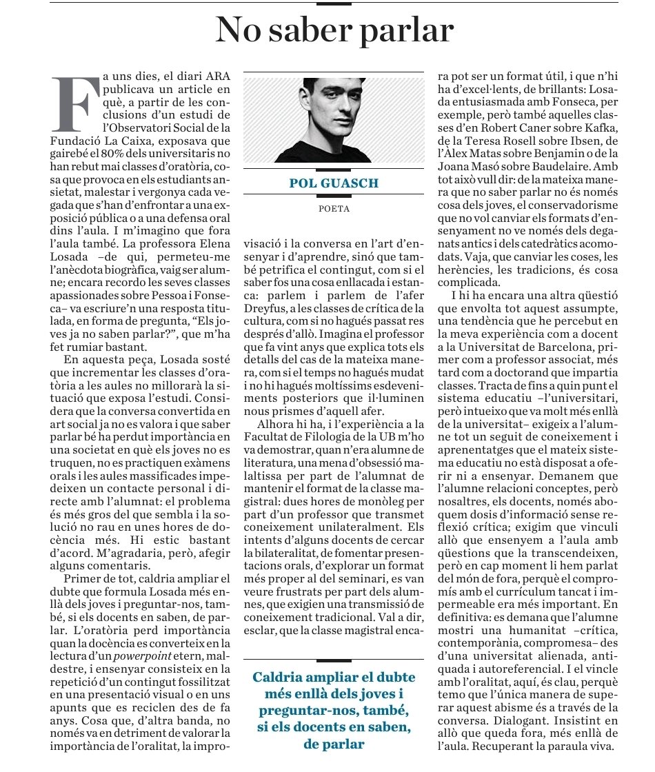 CarmeFenoll's tweet photo. 📰 L'entrevista al @GregorioLuri (via @cfdeh #LV)  i l'article d'en Pol Guasch (@diariARA) traslladen la mateixa essència: cal que els docents posin més l'accent en l'escriptura i la conversa #Lectura #Escriptura #Oralitat https://t.co/CTpAmwpv9x