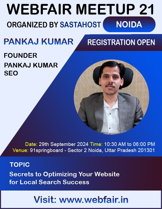 seopankajkumar's tweet photo. 🌟 Exciting News! 🌟 I’m thrilled to announce that I'll be speaking at the WebFair Meetup 21 in Noida! 🎤✨ My topic? Secrets to Optimizing Your Website for Local Search Success! 🗺️💻

👉 Book your ticket today 👉 https://t.co/HP8Q8xo9DP

.
.
.
.
#webfairmeetup #seo #webfair https://t.co/VW6YzC15yp
