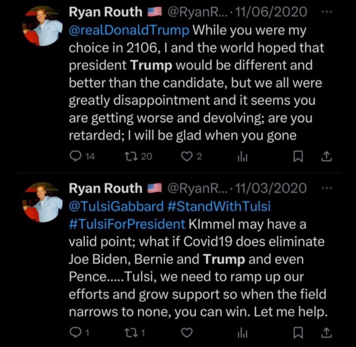 Andy4691's tweet photo. Ryan Routh, another white male republican, tried to assassinate Trump Hitler. Republicans blame the left.

Ryan-
voted for Trump in 2016.
supported a Haley/Vivek ticket in 2024.
suffered long history of mental illness.

Trump allowed the mentally ill to buy assault guns in 2018 https://t.co/HmDaG5zOtc