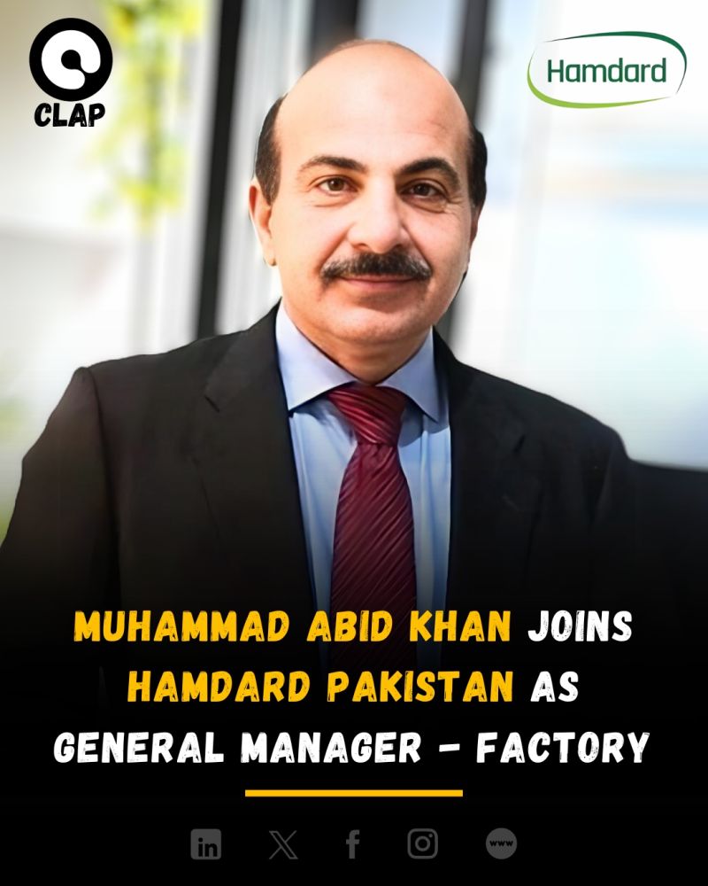 ClapPakistan's tweet image. Muhammad Abid Khan is now General Manager - Factory at @Hamdard_PK. With 20+ years of expertise in administration, HR, and operations, he&apos;s set to lead factory operations with precision and excellence.

#FactoryManagement #Clap #ClapRecognized #ClapPakistan