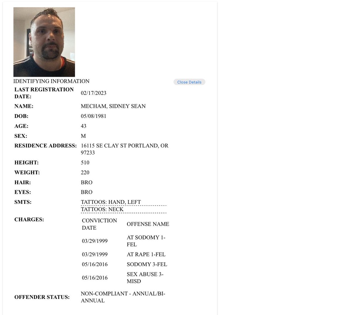 sidlake75's tweet photo. @InternetH0F He’s also a registered sex offender https://t.co/Oa98cWQEnd