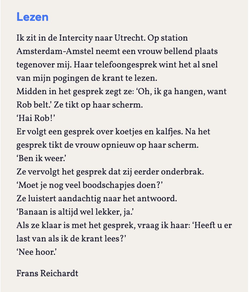 Om de week met een glimlach te beginnen, plaats ik hier dit Ikje. Je kent Ikjes misschien van de achterpagina van <a href="/nrc/">NRC</a>. Een Ikje beschrijft een persoonlijke ervaring of anekdote in maximaal 120 woorden.
Deze zomer neem ik deel aan de Ikjesmarathon van <a href="/ILFUtrecht/">ILFU</a>. Komende zondag