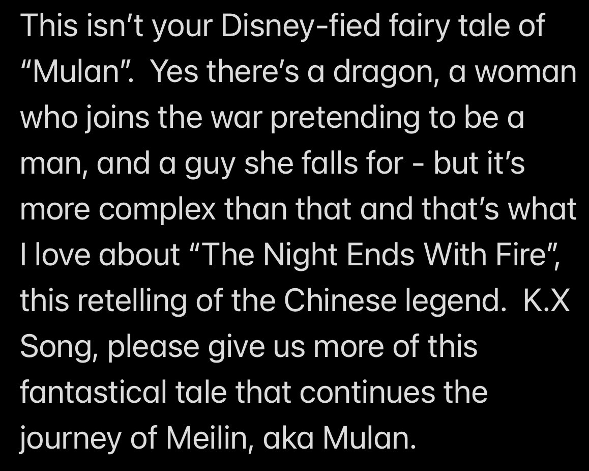 NeilGomez's tweet photo. @ksongwrites #TheNightEndsWithFire #BookReview #Mulan https://t.co/XU33TJJthq