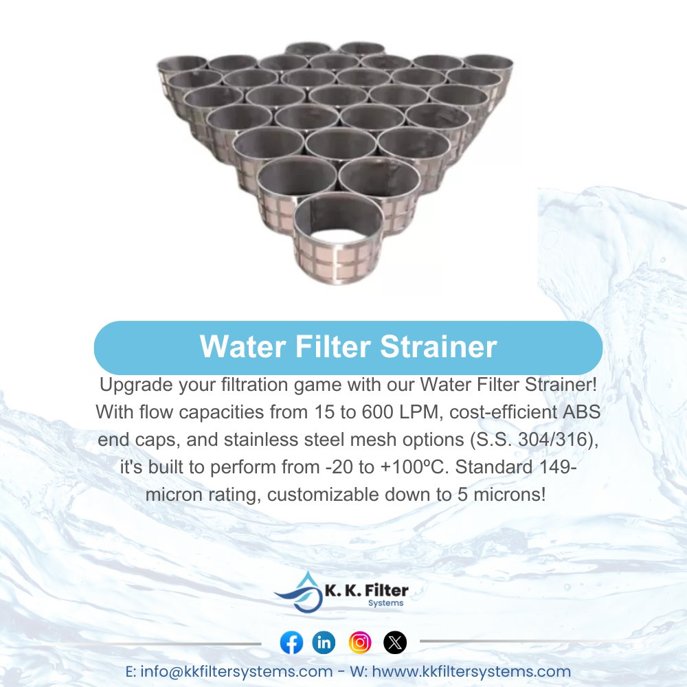 KKFilterSystems's tweet image. Upgrade your filtration game with our Water Filter Strainer! With flow capacities from 15 to 600 LPM, cost-efficient ABS end caps, and stainless steel mesh options, it&apos;s built to perform from -20 to +100ºC. Standard 149-micron rating, customizable down to 5 microns