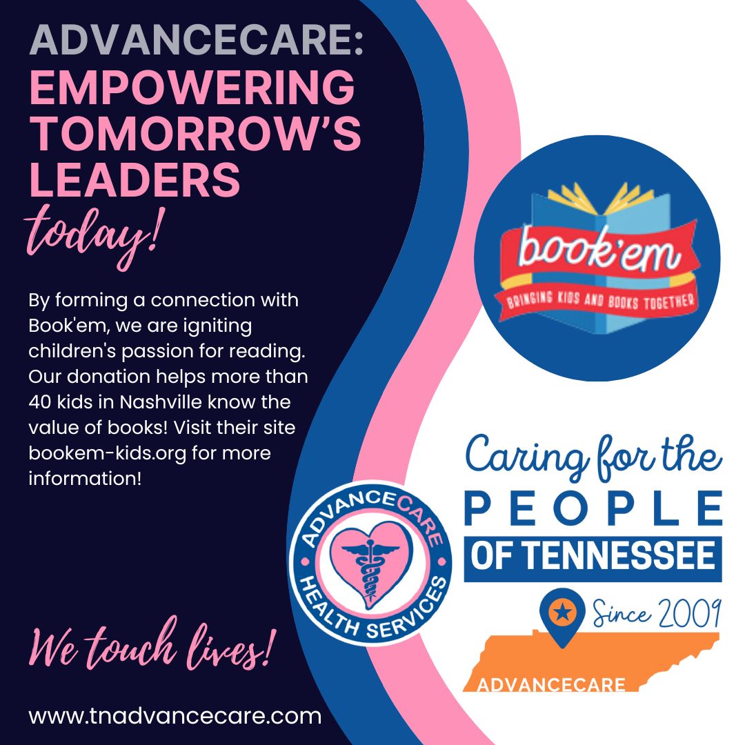 Advance_Health1's tweet photo. AdvanceCare has four company causes that go above and beyond providing services to the people of Tennessee.  One of our causes supports Book'em in Nashville to help children gain a passion for reading and learning.  @Book'em  AdvanceCare: We touch lives! https://t.co/VvLiSIeQVT