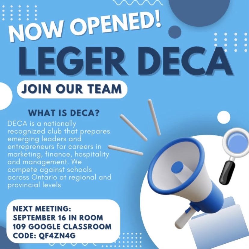Leger DECA is back up and running for the 2024-2025 school year🎉! Remember to register on deca.ca before September 20th, 2024.