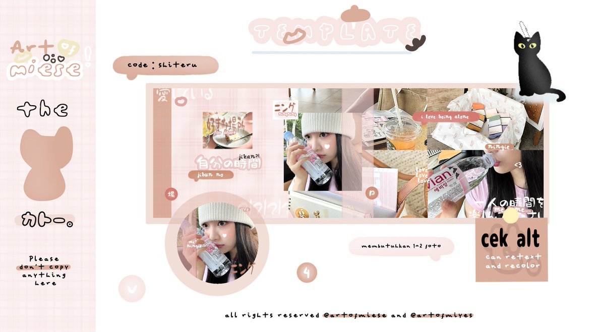 ArtOfMiyes's tweet image. Help repost please, sankyu!

Halo minna! 🧤🐈‍⬛ Miyes mempunyai 4 template layout moodie lucu  🛍, yang bisa di take pada : 

🗓 16 sept (hari ini)
⏰️ 19.00 (jam 7 malam)
Format : 
code + fp/dp (nama e-wallet / bank) + usn
Ex. Mochibi + fp (spay) + @.usn

Yuu jajan #zonauang