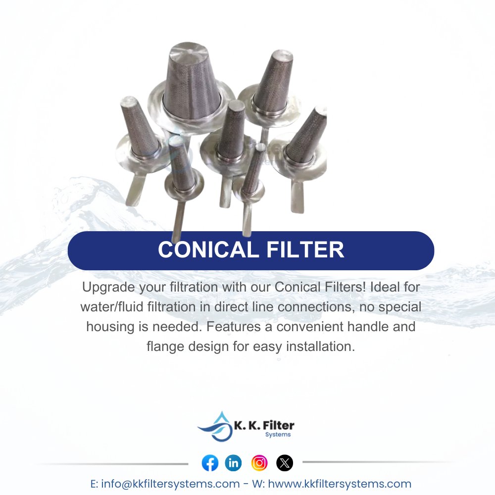 KKFilterSystems's tweet image. Upgrade your filtration with our Conical Filters! Ideal for water/fluid filtration in direct line connections, no special housing needed. Features a convenient handle and flange design for easy installation. Streamline your system with efficiency!  
kkfiltersystems.com/Conical-Filter…