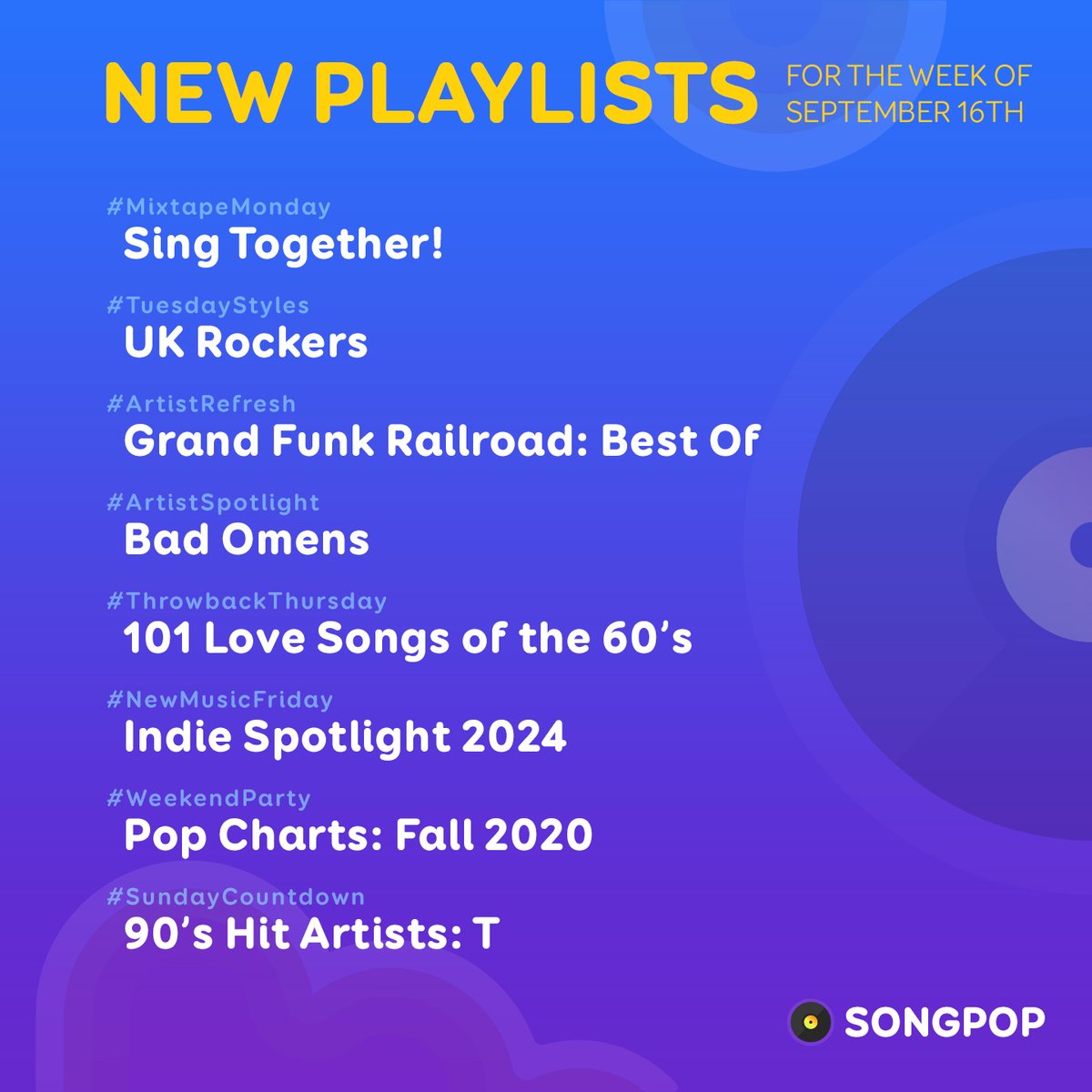 Summer is ending, fall is just around the corner, but the #NewPlaylists keep on coming here on #SongPop! Take a look at the latest content, available this week!