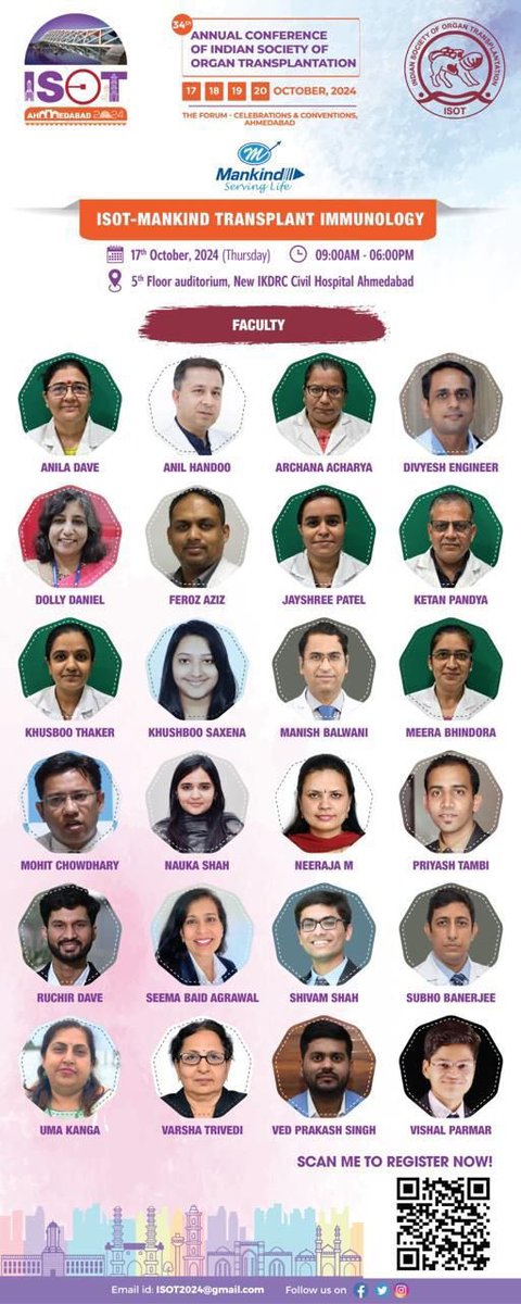 Join us for the ISOT-Mankind Transplant Immunology Workshop at the 34th Annual Conference of ISOT on 17th October 2024 in Ahmedabad!
🗓️ 17th October 2024 | 🕘 9 AM - 6 PM  
📍 IKDRC Civil Hospital, Ahmedabad  
#ISOT2024 #TransplantImmunology #OrganTransplantation