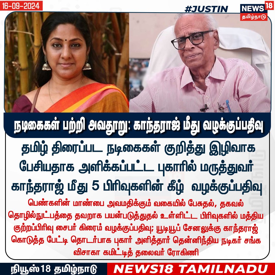 #JUSTIN 
தமிழ் திரைப்பட நடிகைகள் குறித்து இழிவாக பேசியதாக அளிக்கப்பட்ட புகாரில் மருத்துவர் காந்தராஜ் மீது 5 பிரிவுகளின் கீழ்  வழக்குப்பதிவு   
#Kantharaj #Rohini #News18Tamilnadu | News18Tamil.com