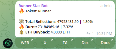 Runnernomics's tweet photo. Just 48 hours old and all the stats are looking good for $RUNNER over the weekend.

The real fun starts tomorrow!

Over 4.8% In Reflections Given Out!
Over 7.3% Total Burnt!
Over 4 $ETH In Buybacks!

This is the $RUNNER on #ETH! https://t.co/1y0Q0HDjY2
