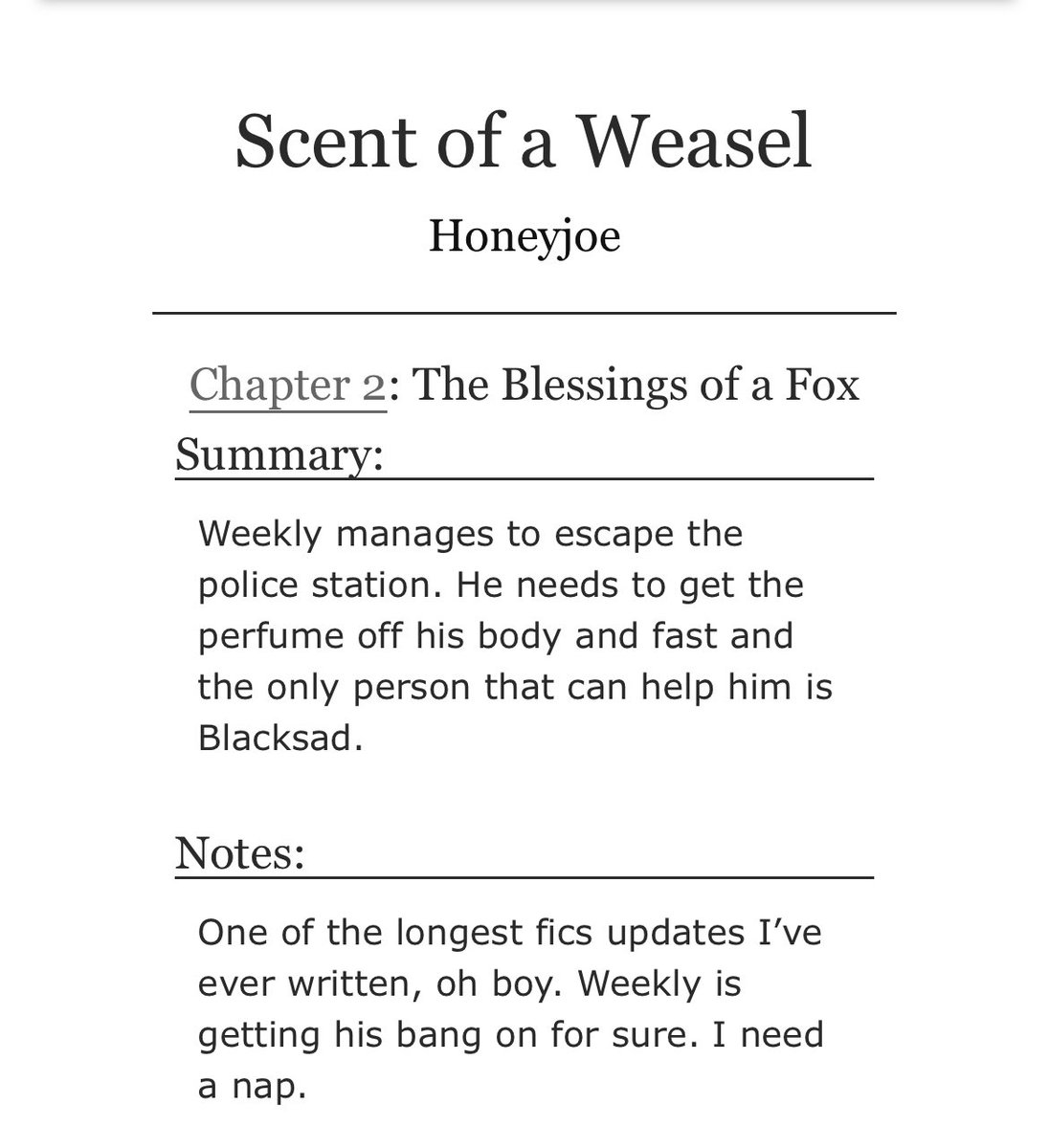 Honeyhoneyjoe's tweet photo. Chapter 2 of this Blacksad fic is finally live!  Weekly manages to escape the police station but finds just as much trouble in the city.  

Contains multiple sex scenes, threesomes, public sex, heavy makeouts, oral and deep kisses!

Enjoy! https://t.co/CuLfhF2Gh9
