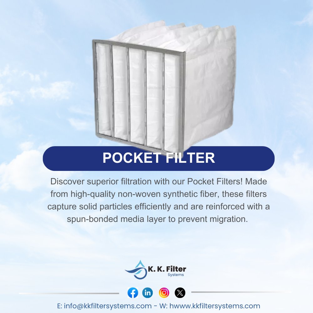 KKFilterSystems's tweet image. Discover superior filtration with our Pocket Filters! Made from high-quality non-woven synthetic fiber, these filters capture solid particles efficiently and are reinforced with a spun-bonded media layer to prevent migration.