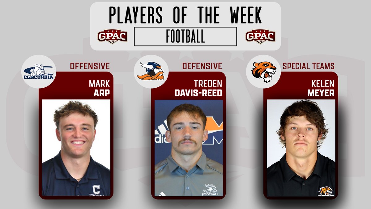 Great Plains Athletic Conference (@gpacsports) on Twitter photo FOOTBALL: Week 3 Honors - (Offensive) Mark Arp of <a href="/cunebulldogs/">Concordia Bulldogs</a>, (Defensive) Treden Davis-Reed of <a href="/Midland_Sports/">Midland Warriors</a> and (Special Teams) Kelen Meyer of <a href="/DoaneAthletics/">Doane Tigers 🐯</a>.
Complete Release:
tinyurl.com/gpacfb03 FOOTBALL: Week 3 Honors - (Offensive) Mark Arp of <a href="/cunebulldogs/">Concordia Bulldogs</a>, (Defensive) Treden Davis-Reed of <a href="/Midland_Sports/">Midland Warriors</a> and (Special Teams) Kelen Meyer of <a href="/DoaneAthletics/">Doane Tigers 🐯</a>.
Complete Release:
tinyurl.com/gpacfb03