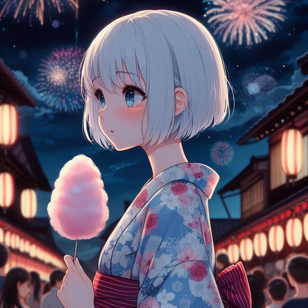 祭囃子 屋台は賑わい
綿菓子が少し解けたころ
ぎこちない浴衣に背伸びして
夜空に花を投げて、夏は弾けて
切なさの意味を知った
#AIart #AIイラスト #AIイラスト部