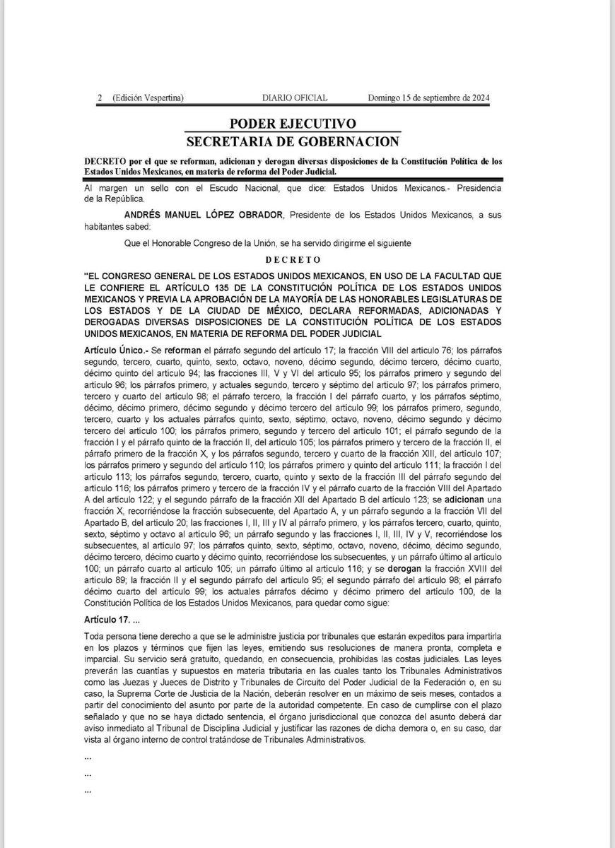Haciendo historia. Se promulga el decreto en el Diario Oficial de la Federación de la reforma al Poder Judicial. se acabó la República, dice la derecha. Cierto, se acabó la República simulada.