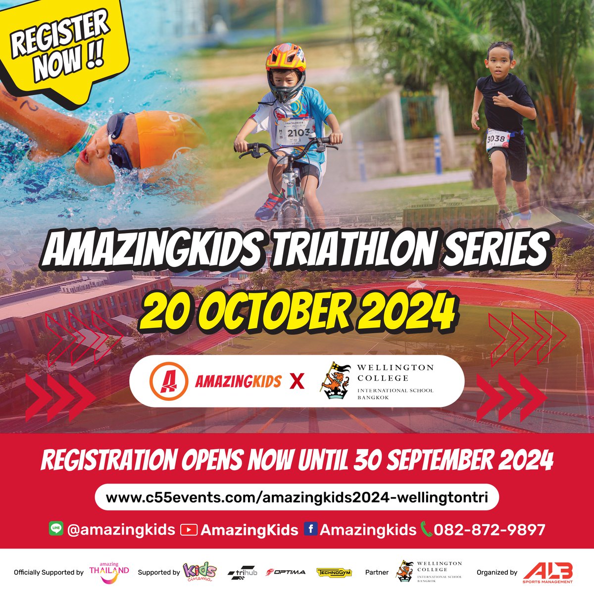 Join us for the AmazingKids Triathlon Series at Wellington College Bangkok on 20 October 2024 for children aged 6 to 17! Sign up now: c55events.com/amazingkids202…
Contact AmazingKids' official LINE at lin.ee/VUBhWIJ for more information.