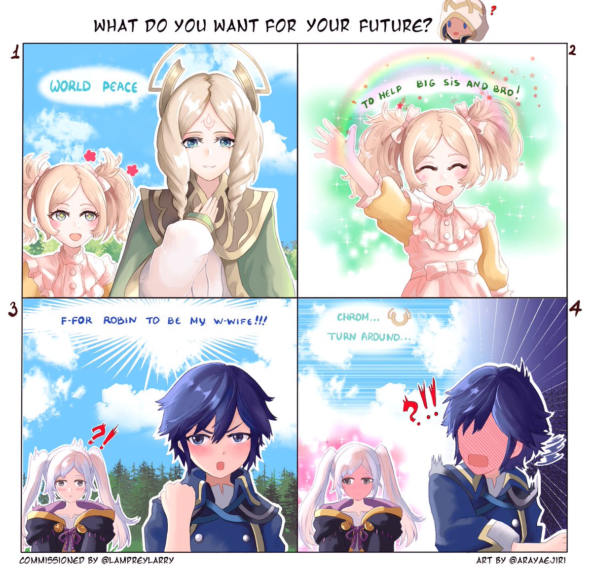 "What do you want for your future?"
Commissioned by <a href="/lampreylarry/">LampreyLarry</a> ! Thank you~
#FEHeroes #FireEmblem #Chrobin