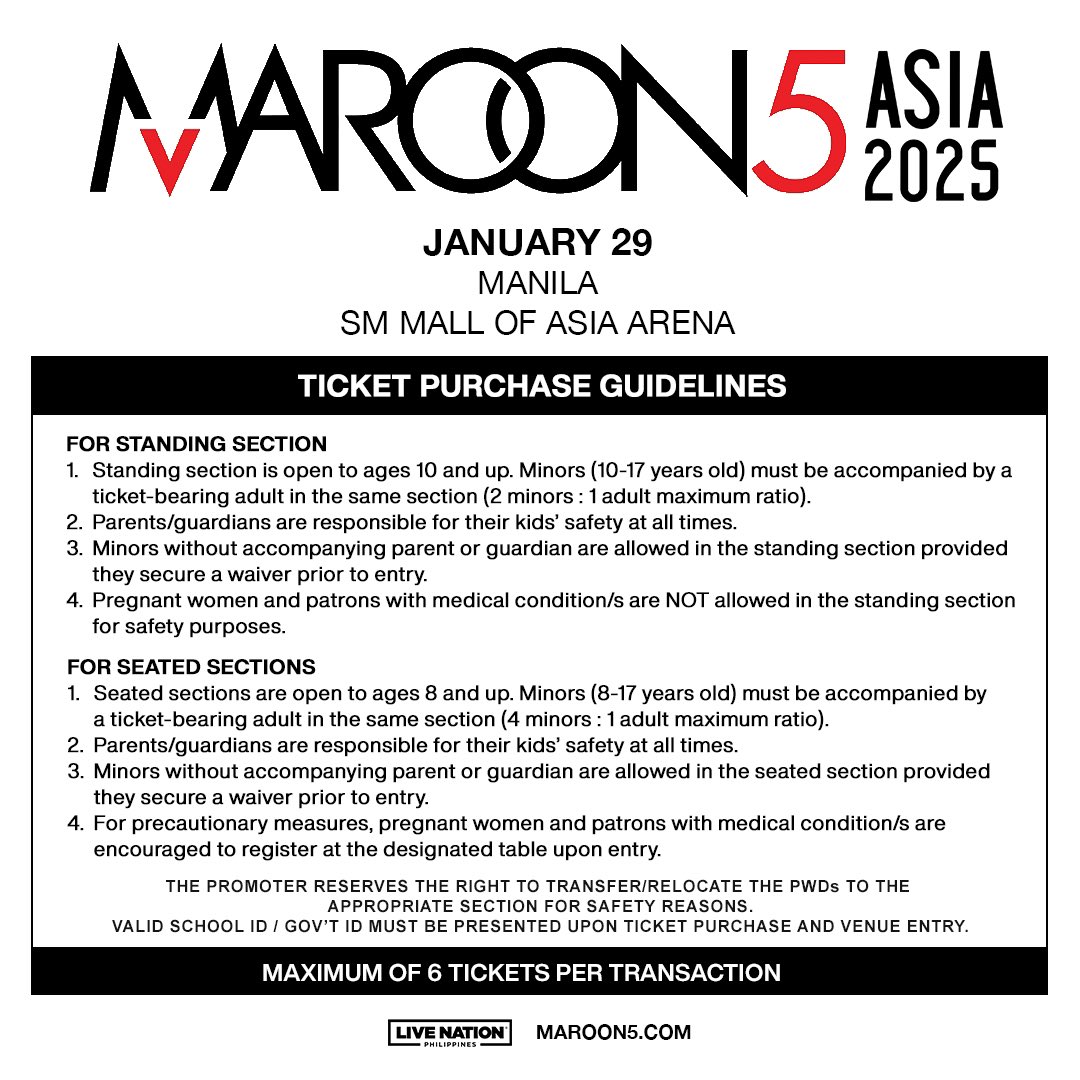 Maroon 5 is coming back to Manila, and it’s getting harder and harder to breathe 🤩😍

Mark your calendars!
Maroon 5 Asia 2025
📆January 29, 2025
📍SM Mall of Asia Arena

Artist Presale : Sept 24 - 11AM - 11:59PM 
Mastercard Presale : Sept 25 10AM - Sept 27 10AM
LNPH Presale :