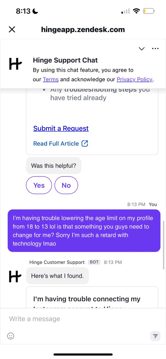 GabrialOwners's tweet photo. Hinge customer support being ZERO help https://t.co/Nc9CZsX0XB