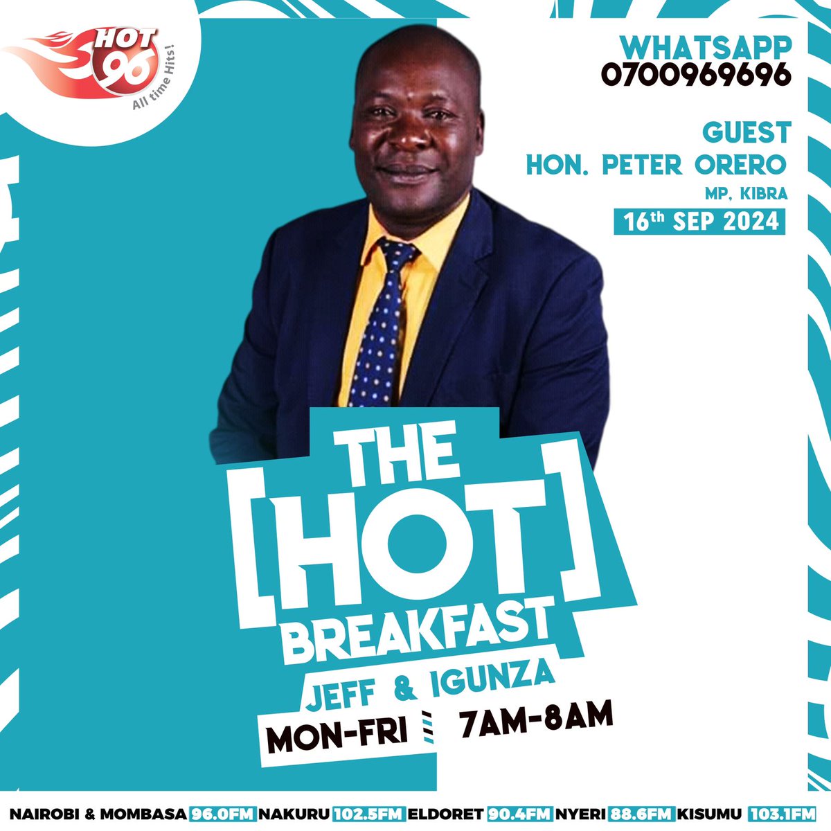 Good morning and happy new week! 
I'm excited to kick off this Monday on the Hot Breakfast Show at Hot96. Join me as we discuss important issues from youth empowerment to ongoing development in Kibra. Tune in live and let’s make this week count. #HotBreakfastShow #Kibra