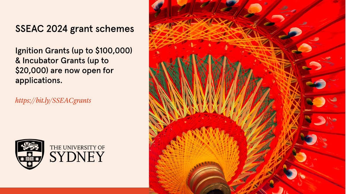 SSEAC (@seacsydney) on Twitter photo New grants!
We're aiming to turbocharge <a href="/Sydney_Uni/">University of Sydney</a> research engagement in #SoutheastAsia.
Applications for SSEAC’s 2024 grant schemes are now open!
Ignition Grants (up to $100k) & Incubator Grants (up to $20k).
Details here: bit.ly/SSEACgrants
#research #SSEAC #grants New grants!
We're aiming to turbocharge <a href="/Sydney_Uni/">University of Sydney</a> research engagement in #SoutheastAsia.
Applications for SSEAC’s 2024 grant schemes are now open!
Ignition Grants (up to $100k) & Incubator Grants (up to $20k).
Details here: bit.ly/SSEACgrants
#research #SSEAC #grants