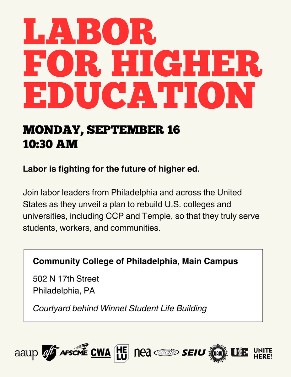 HigherEdLabor's tweet image. Join us Monday morning ⏰ at 10:30am ET in Philly! HELU &amp;amp; 10 national labor unions are coming together in coalition to announce our vision for how this country’s higher ed system can be rebuilt for students, workers, and communities. @NEAToday @UAW @AAUP @AFSCME @CWAUnion @SEIU