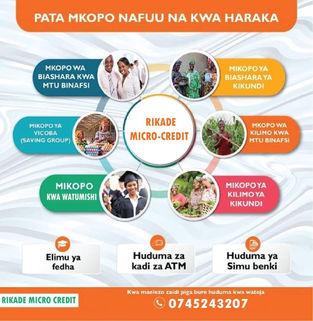 Ni wiki nyingine tunashukuru Mungu kwa uzima na afya njema🙏 tunaendelea kuwepo kwa ajili yako.

RIKADE MICRO CREDIT SERVICES inakujali mteja na kukupa Mkopo wenye riba nafuu.

Usiogope Masharti ni rahisi na nafuu kabisa wasiliana nasi kwa namba 0745243207.

Mkopo
Mkopoleo