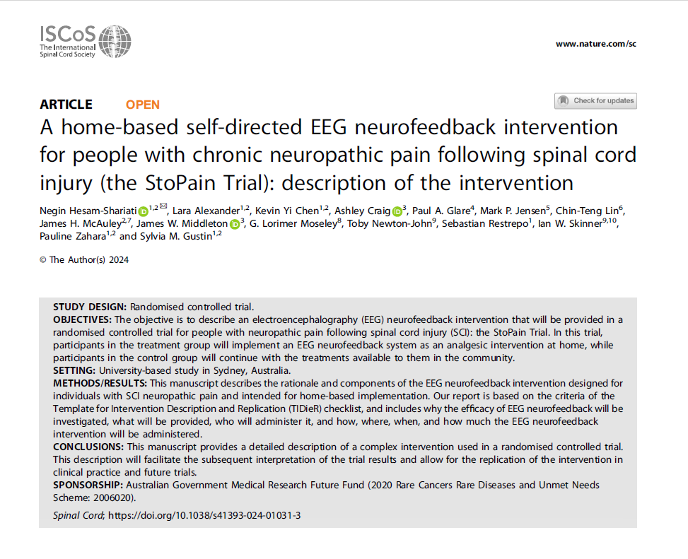 Negin HS (@hsnegin) on Twitter photo Excited to share my paper published in <a href="/JournalSCI/">Spinal Cord Journal</a>. Thrilled with how it turned out and grateful to everyone involved in this project. Check it out here if you're curious: rdcu.be/dT1vs
<a href="/UNSWScience/">UNSW Science</a> <a href="/neuraustralia/">NeuRA (Neuroscience Research Australia)</a> <a href="/PainIMPACTNeuRA/">Centre for Pain IMPACT</a> #EEG #neurofeedback #SCI #pain Excited to share my paper published in <a href="/JournalSCI/">Spinal Cord Journal</a>. Thrilled with how it turned out and grateful to everyone involved in this project. Check it out here if you're curious: rdcu.be/dT1vs
<a href="/UNSWScience/">UNSW Science</a> <a href="/neuraustralia/">NeuRA (Neuroscience Research Australia)</a> <a href="/PainIMPACTNeuRA/">Centre for Pain IMPACT</a> #EEG #neurofeedback #SCI #pain