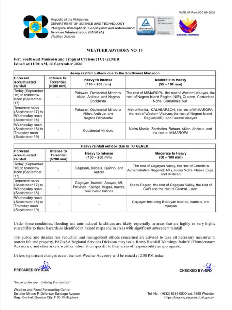 earthshakerph's tweet image. ❗️HEAVY RAINFALL OUTLOOK🌧️

Ayon sa 11 AM Weather Advisory ng PAGASA, posibleng makaranas ang malaking bahagi ng Luzon kasama ang Metro Manila at Visayas ng malalakas na pag-ulan dulot ng #Habagat at dalang ulan ng GENER (#GenerPH). 

⚠️Posible ang pagbaha at landslides.

THREAD
