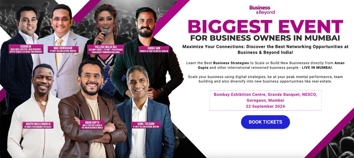 cfjcrypto's tweet photo. 🔥100X Your WEALTH .... Get ready to start your Journey to Millions 💰🚀

BUSINESS & BEYOND LIVE Event ... 💵

Don’t miss out on your chance to meet kishor M , Aman Gupta , Joseph McClendon and other international renowned business people LIVE on stage .

Join the Business and Beyond Event and Learn the Best Strategies to Invest your Money & Scale and drive your business forward 💰!

Mark Down The Date and Location:

📍 Bombay Exhibition Centre, NESCO, Goregaon, Mumbai , India.
📅 September 22, 2024
⏰ 9am - 7pm

Secure your offer tickets now !

Register Now 👉 https://t.co/hnlqDWKDoG

See you at the Event 👍