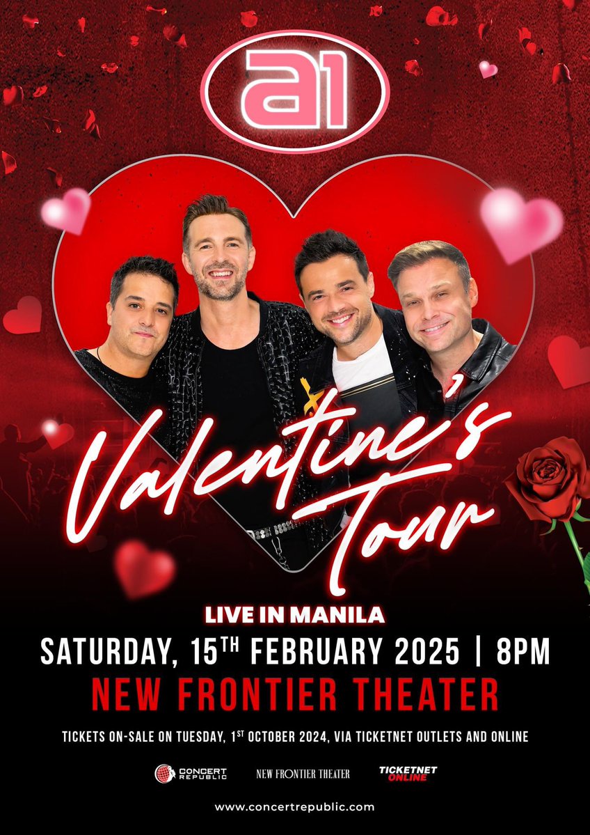 🚨 NEW SHOW ANNOUNCEMENT 🚨

Manila, it’s happening! The iconic pop group, a1, known for their timeless hits and heartfelt performances, is returning to Manila for their Valentine’s Tour 2025 on February 15, 2025 at the New Frontier Theater! Get ready for a night of 90s classic