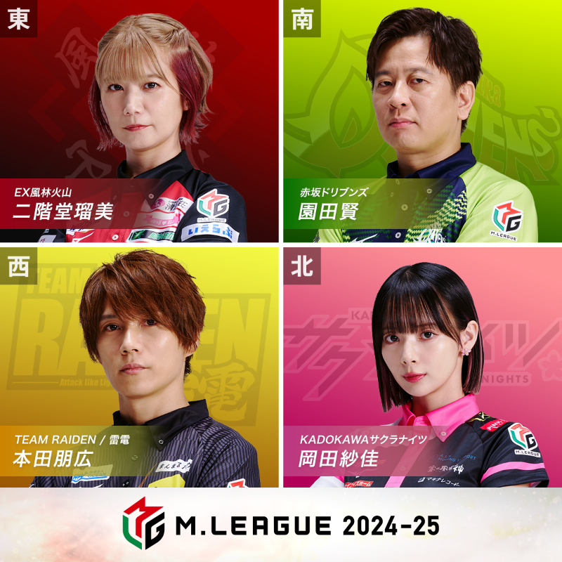 m_league_'s tweet photo. 大和証券 #Mリーグ 2024-25
9/16(月･祝)　1日目/108日

第1️⃣試合の出場選手発表

東家：#二階堂瑠美
EX風林火山

南家：#園田賢
赤坂ドリブンズ

西家：#本田朋広
TEAM雷電

北家：#岡田紗佳
KADOKAWAサクラナイツ

実況：#日吉辰哉
解説：#土田浩翔

17:30～　開幕式
19:00〜　試合放送開始