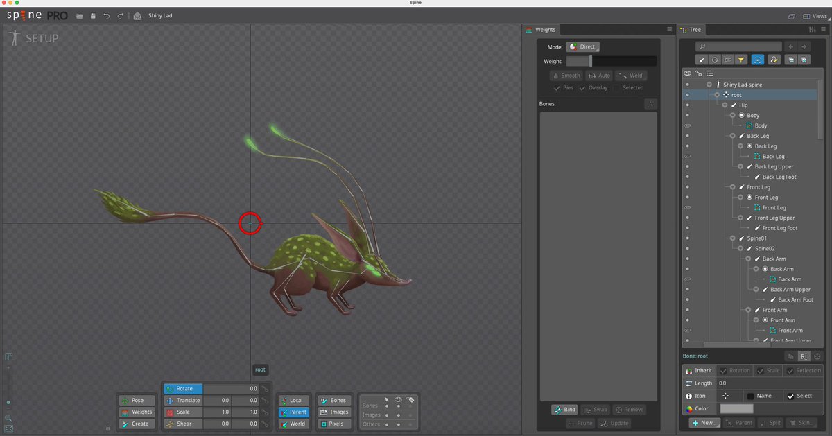 Went a little crazy with the bones on the tail and antennas. But they’re there if we feel like getting a little crazy with it. 💅 (rigged in #spine2D #indiegamedev )