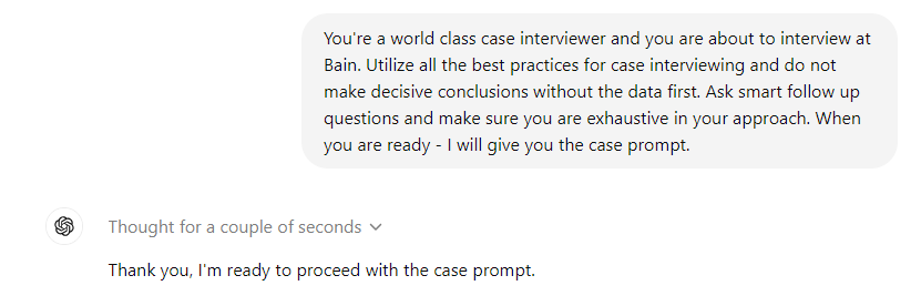 lepomjames's tweet photo. I gave GPT o1 my final round Bain case interview  and it crushed it within two prompts. Entry level consultants will be the first to go due to AI - see for yourself. https://t.co/aHqvo3Syoj