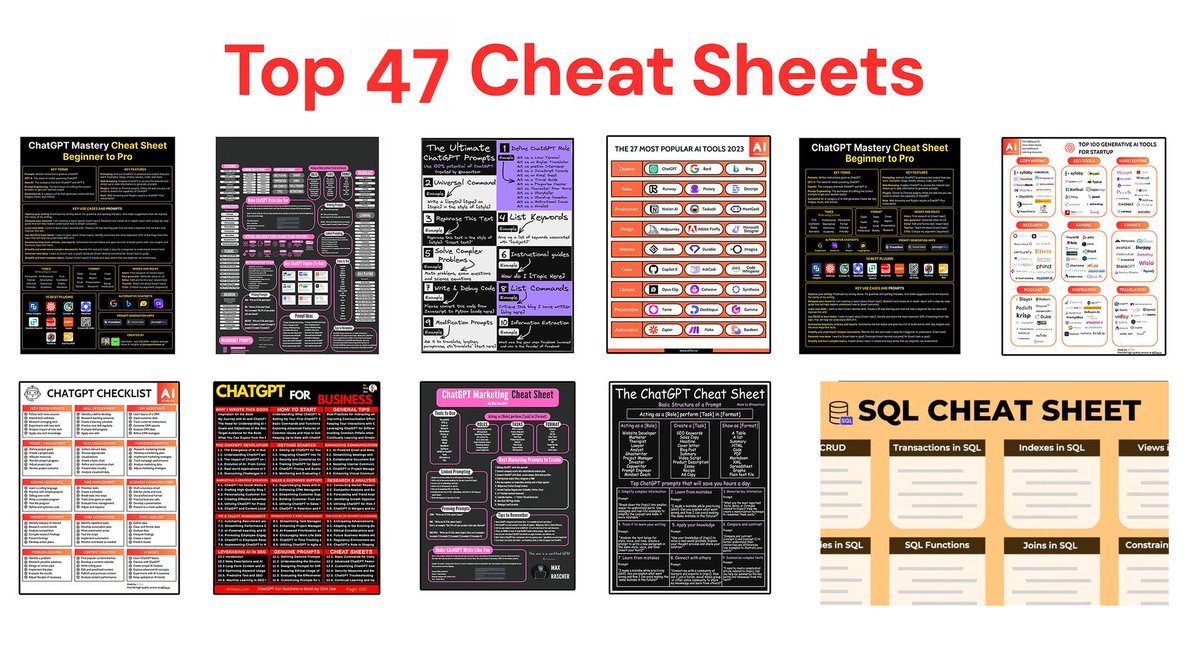 🌟 𝗜𝗻𝘁𝗿𝗼𝗱𝘂𝗰𝗶𝗻𝗴 𝟰𝟳 𝗖𝗮𝗿𝗲𝗳𝘂𝗹𝗹𝘆 𝗖𝘂𝗿𝗮𝘁𝗲𝗱 𝗖𝗵𝗲𝗮𝘁𝘀𝗵𝗲𝗲𝘁𝘀 𝗬𝗼𝘂'𝗹𝗹 𝗘𝘃𝗲𝗿 𝗡𝗲𝗲𝗱! 📚

 1. Python: pythoncheatsheet.org
 2. Pandas : pandas.pydata.org/Pandas_Cheat_S…
 3. NumPy: s3.amazonaws.com/assets.datacam…
 4. Matplotlib: s3.amazonaws.com/assets.datacam…
 5.