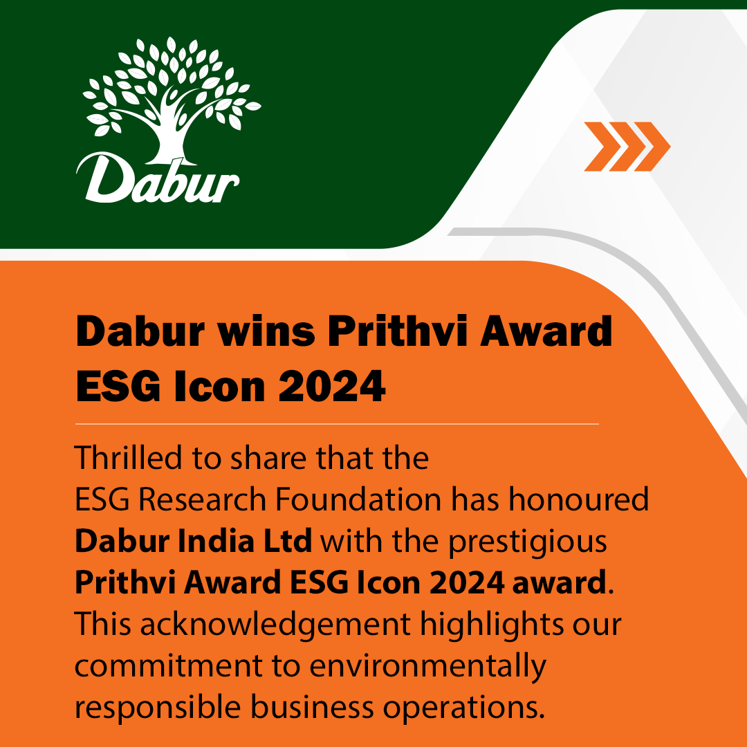 DaburIndia's tweet image. Thrilled to announce that Dabur has been honoured with the prestigious Prithvi Award ESG Icon 2024 by the ESG Research Foundation, which underscores our unwavering commitment to environmentally responsible business practices.
#Dabur #DaburIndia #GreenerTomorrow #DaburESGIcon2024