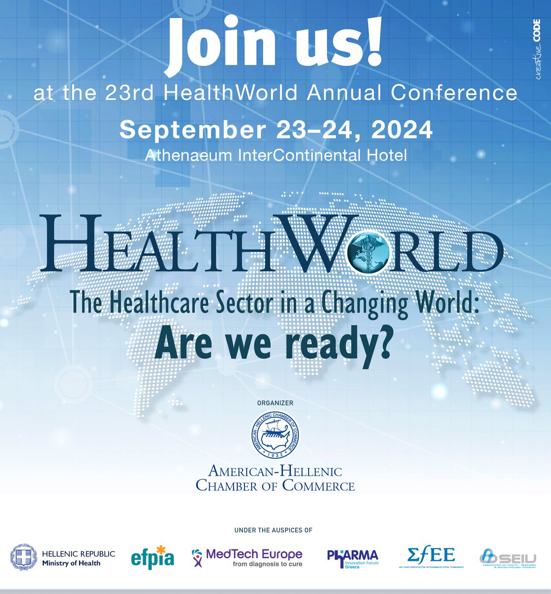 ⏳Only one week left for #HealthWorld2024 ❗
 
🟦 The AmChamGR is pleased to announce the 23rd HealthWorld Conference, scheduled for Monday, September 23 and Tuesday, September 24, 2024, at the Athenaeum InterContinental Hotel. 
 
🔗 More information: amcham.gr/events/event/2…